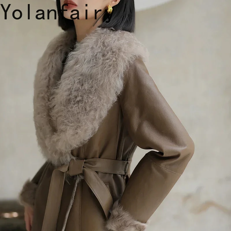 Genuine Sheepskin Leather Jacket Women Winter 2024 Natural Long Wool Fur Coat Luxury Fashion Large Fur Collar Female Outerwears