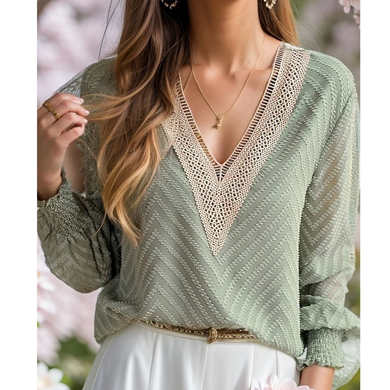 Autumn Elegant Fashion Office Lady Shirt Women Solid Color V Neck Gauze Hook Flower Hollow Long Sleeve Knitted Loose Casual Top