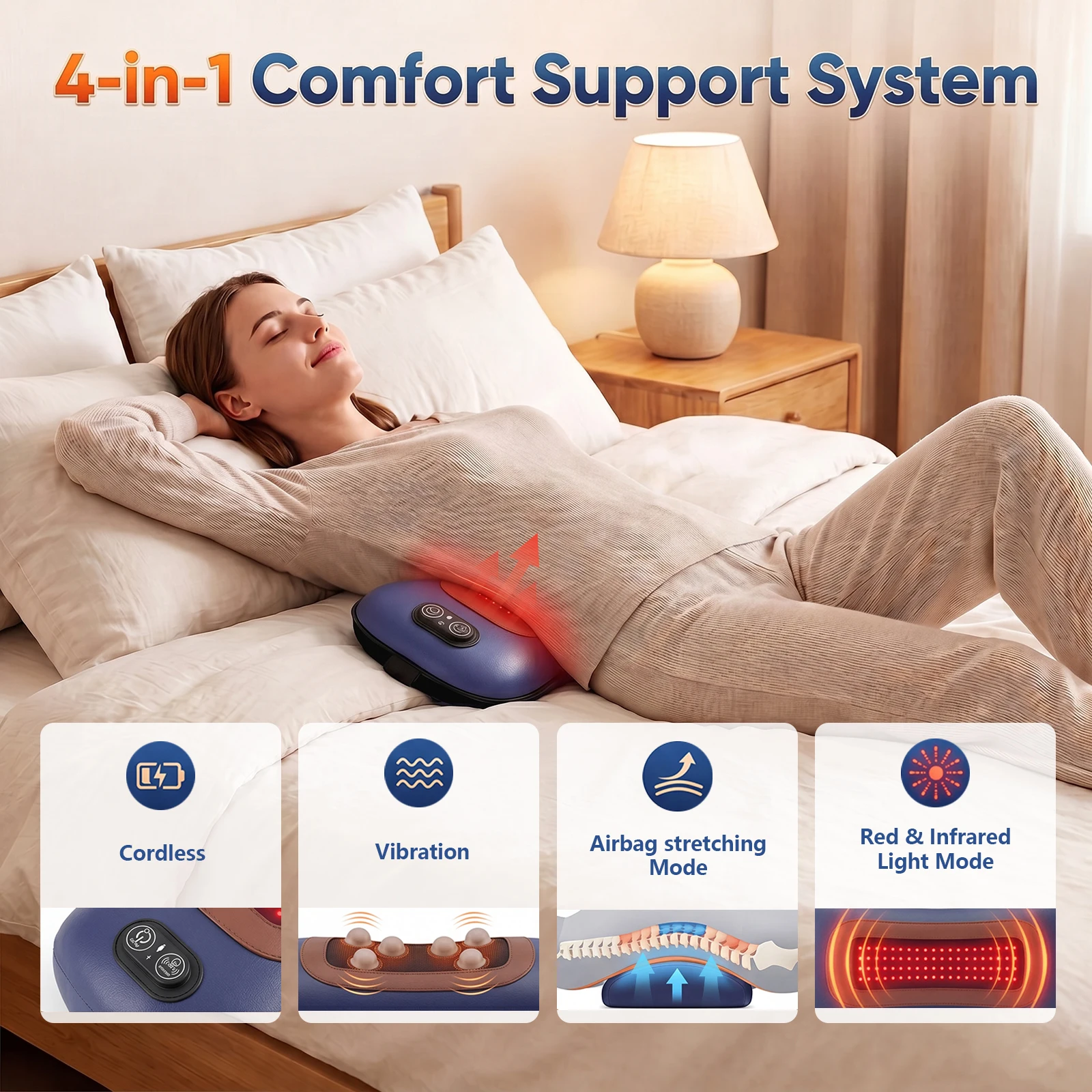4-in-1 Red  Infrared Light Cordless Low Back Massager 5000mAh Lumbar Massage Pillow Sciatica Pain Relief Devices with Heat Vibration Airbag Traction  Red Light for Back Waist Comfort