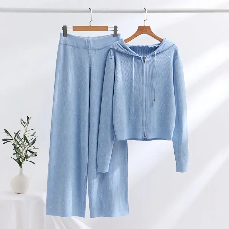 

Осенние повседневные женские вязаные комплекты из 2 предметов, короткий кардиган на молнии с капюшоном и широкие брюки Malhas с высокой талией, ансамбли