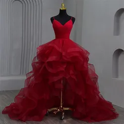 Vestidos Quinceanera vermelho escuro para meninas, babados, gola V, cintas de espaguete, frente curta, trem longo, doce 15