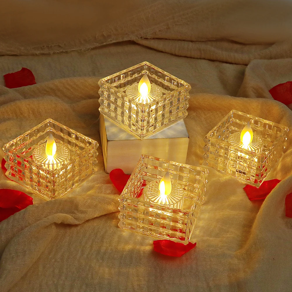 6pcs LED Mini Square Candle Light, Clear Crystal Candle Light For Parties, Marriage Proposal, Christmas, And Other Occasions
