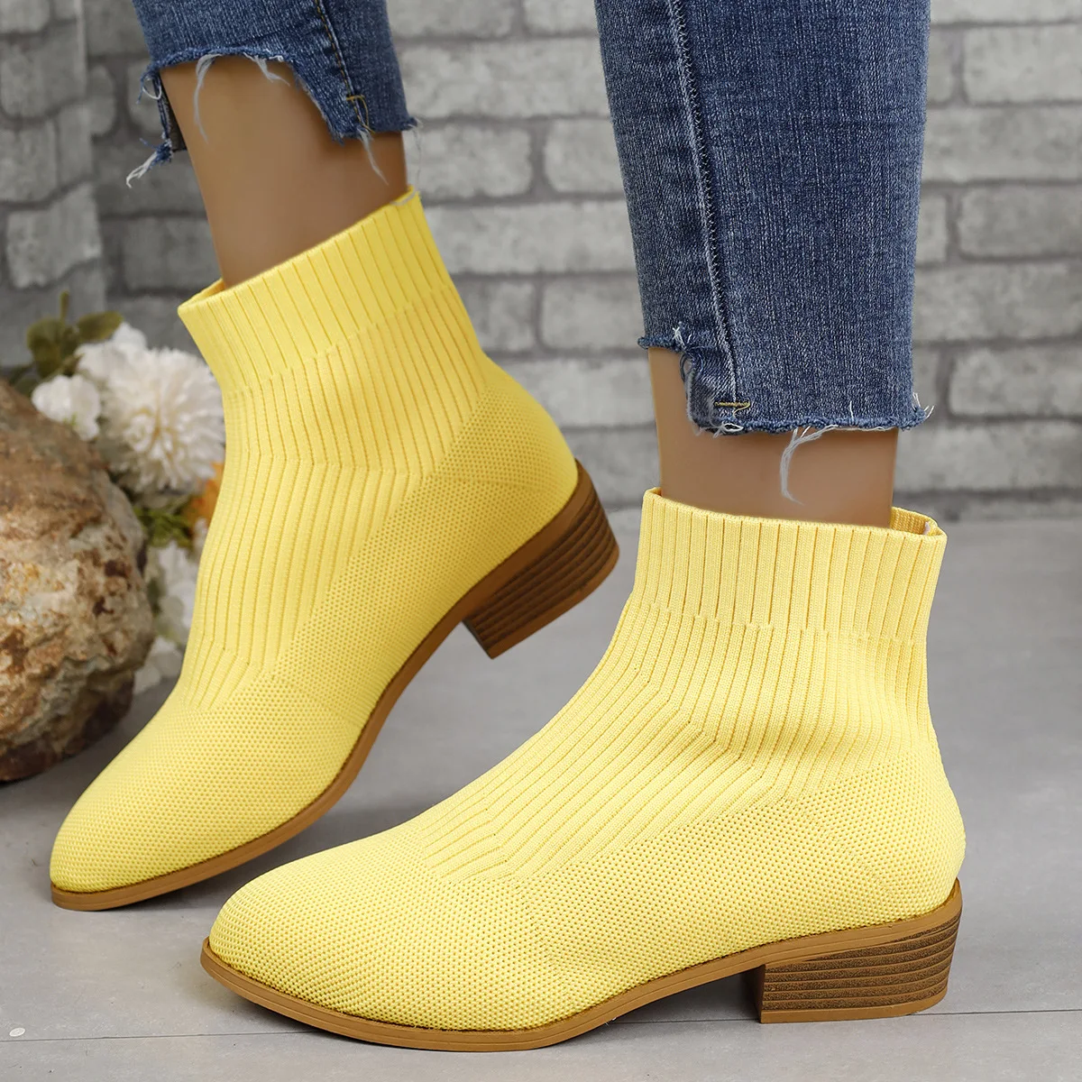 Ankle Sock Boots for Women Fashion Medium Heel Pointed Toe Knitted Short Chelsea Boots Female Casual Heeled Shoes Footwear Pumps