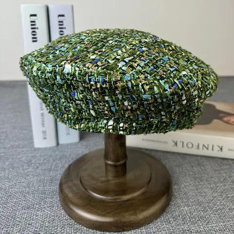 빈티지 2025 울 베레모 그린 격자 무늬, 가을 겨울 프랑스 팔각형 피크 모자, 화가 모자, 스트리트 밀리터리 여성 소녀 CapsFDM13