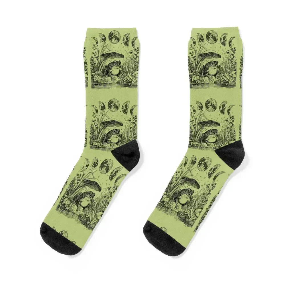 

Cute Cottagecore Frog with Mushroom and Moon: A Witchy Vintage Pastel Green Aesthetic Infused with Dark Academia, Goblinco Socks