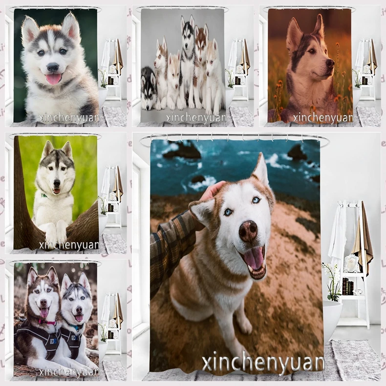 phechion New Creative Husky Dog Waterproof Bathroom Curtain 3d Printed Fabric with Hooks Decoration Shower Curtain M65