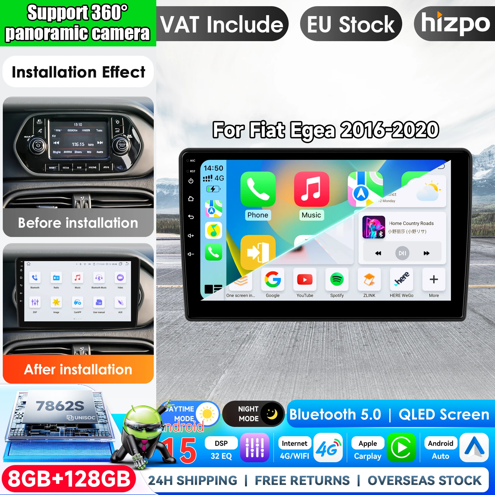 Android 16 per Fiat Tipo Egea 2016-2020, unità principale 2DIN, Carplay, autoradio, lettore multimediale, GPS, stereo, senza DVD 2DIN, Wi-Fi 5G, con Apple CarPlay, sistemi intelligenti, schermo IPS