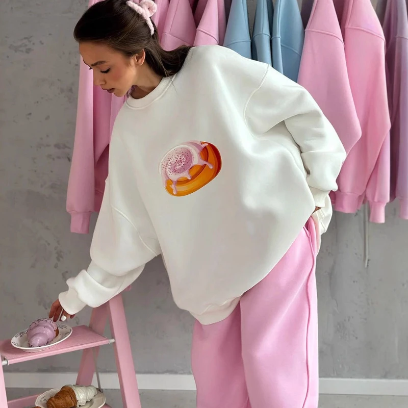 TARUXY Fashion Cake Printed Sweatshirt Women Loose Long-Sleeved Round-Neck Autumn Commuting Pullover Sweatshirt Female Clothing