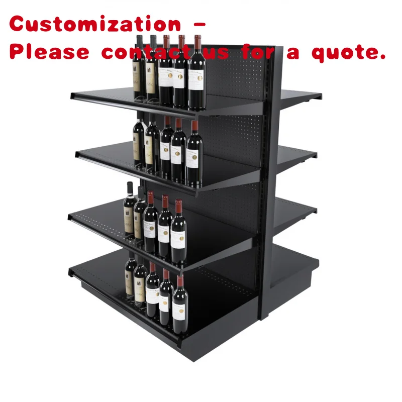 

custom.Double Sided Supermarket Black Steel Liqueur Wine Island Kits Gondola Store Shelving Rack Unit With 8 Shelves