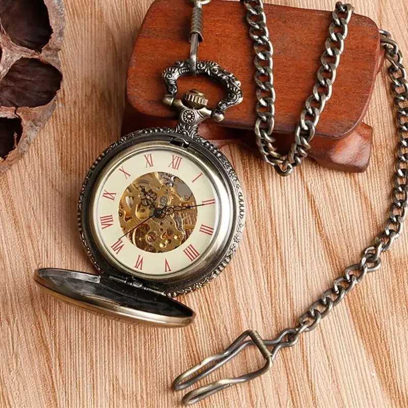 Steampunk Pocket Watch Prague Constellation Copper Mechanical Hand Winding Compass Clock Roman Number Dial Pendant Chain Collect