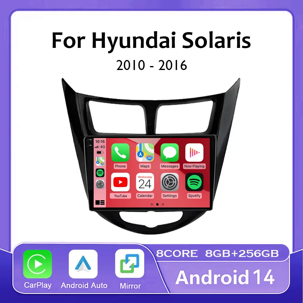 

Автомагнитола на Android 14 для Hyundai Solaris, Verna, Accent 1, 2010-2016, GPS-навигация, Carplay, мультимедийный видеоплеер, головное устройство, аудио