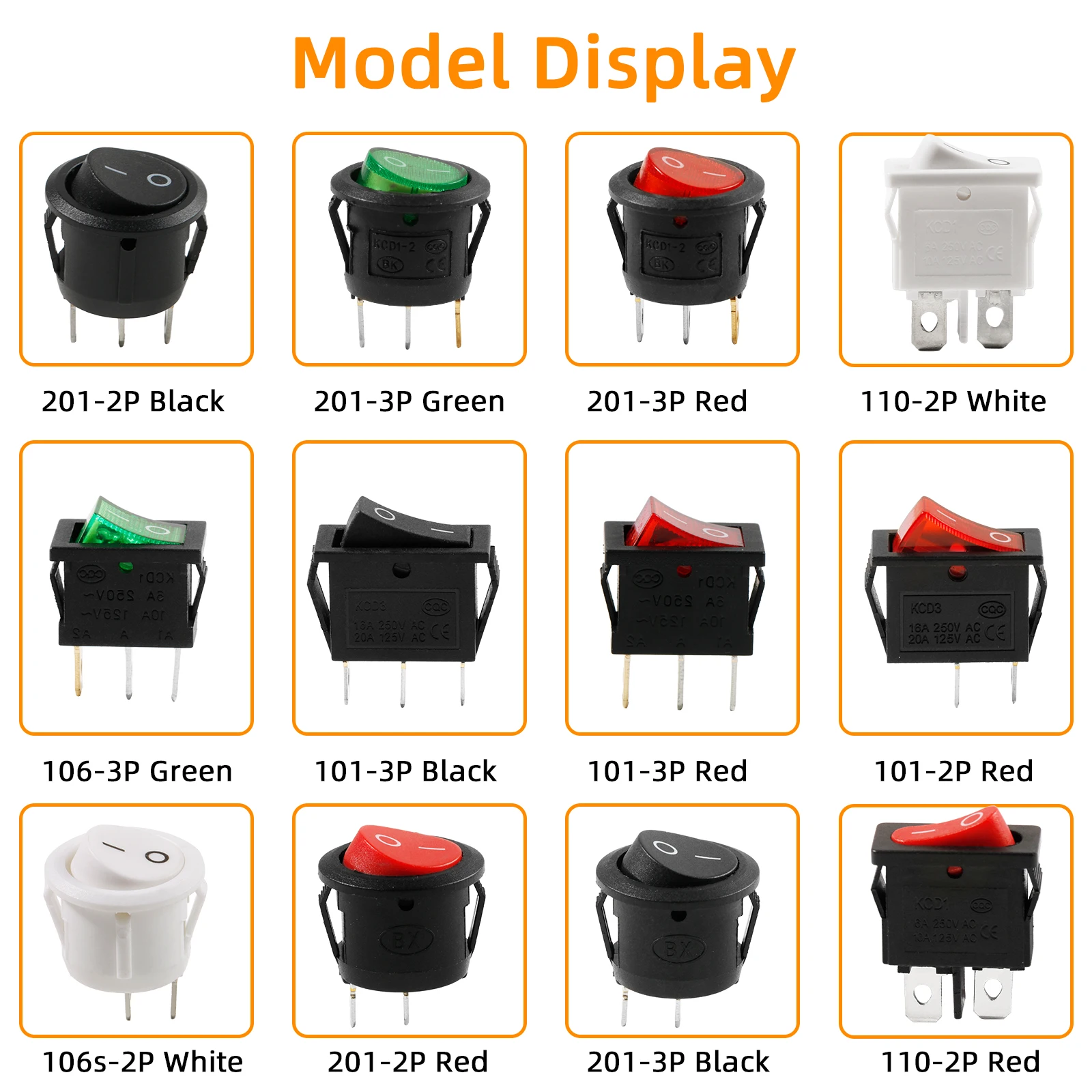 6pcs On Off Rocker Switch 2p 3p Kcd1 Kcd3 Mini Latching Round Toggle SPST Snap For Automobile Boat
