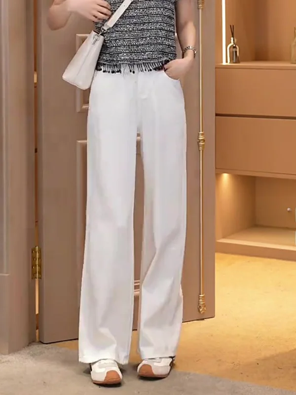 

Donna Women's Summer Comfortable Commute Sle High Waist Slimming Long Jeans White Denim Pants Ele Straight Leg Trousers