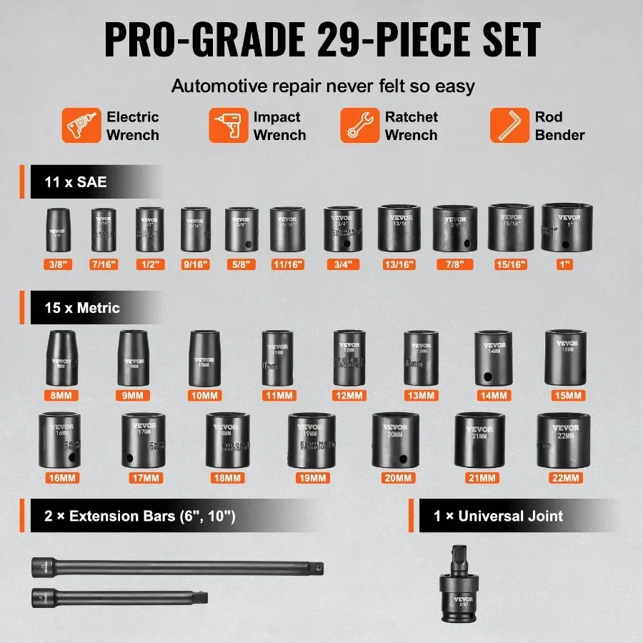 مجموعة مقابس الصدمات VEVOR مكونة من 29 قطعة مكونة من 6 نقاط 3/8 بوصة مجموعة أدوات السقاطة