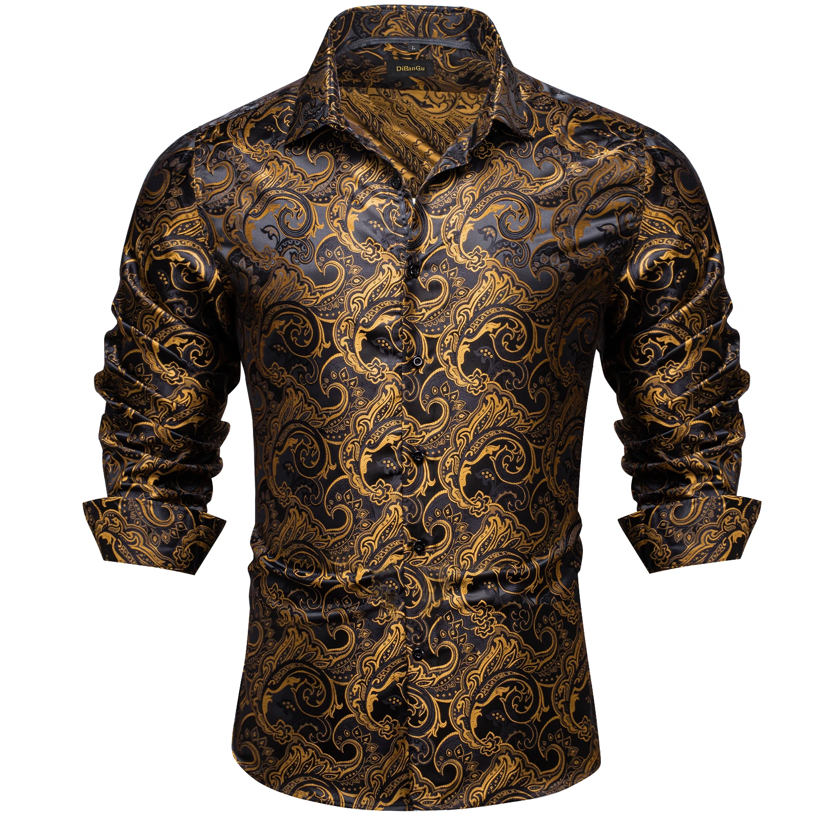 Luxury Men Dress Shirt Formal Prom Tuxedo Long Sleeve Silk Polyester Golden Color Paisley Black Shirts Blouse Men Clothing