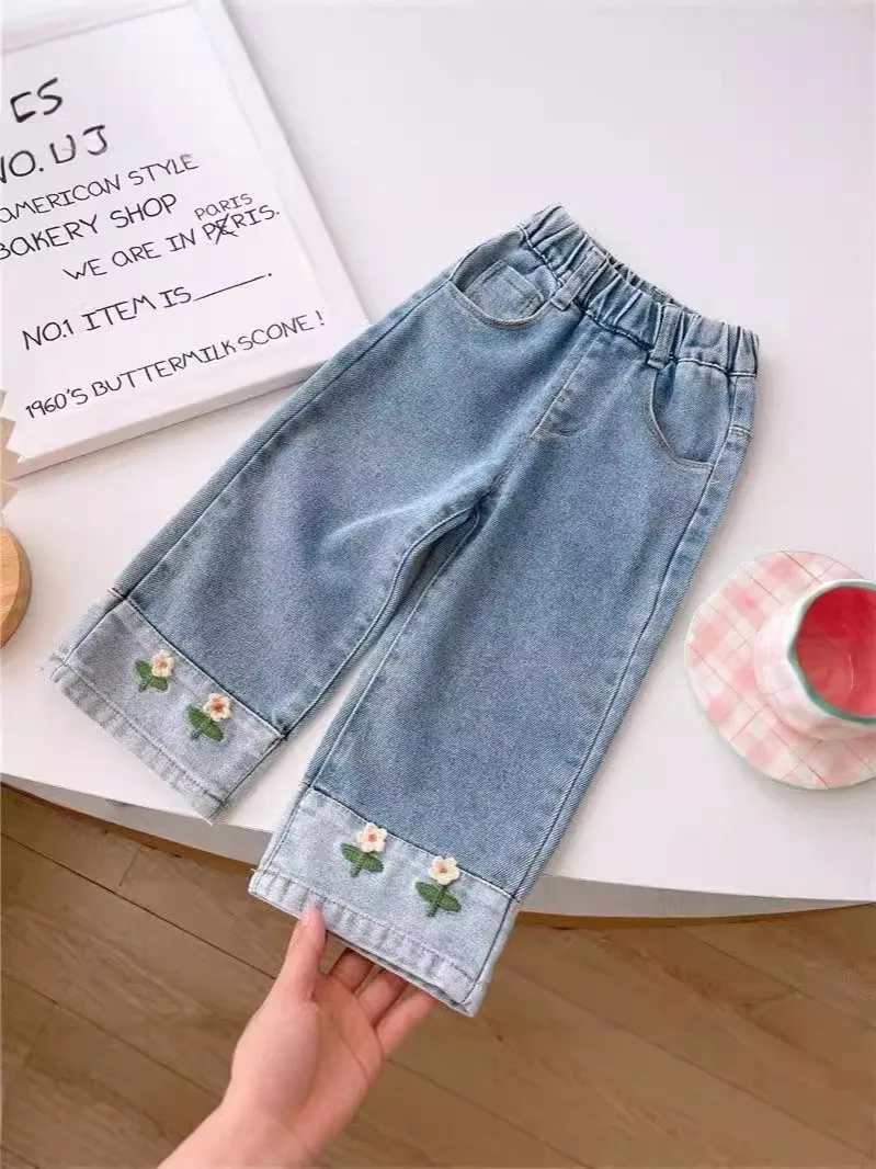 

Girls' straight-leg denim pants fashionable and loose for spring and autumn Wide-leg pants for girls2-8Y