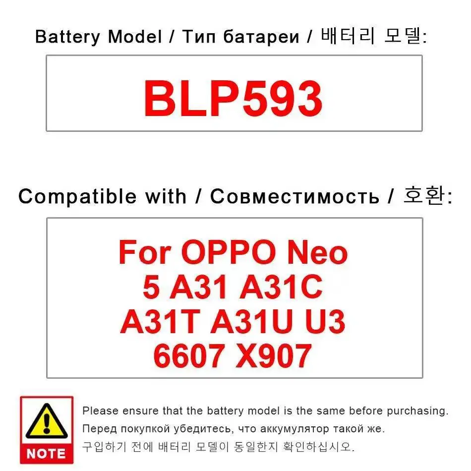 

Premium Replacement 2000Mah BLP593 For Oppo Neo 5 A31 A31C A31T A31U U3 6607 X907 Mobile Phone Battery Reliable Power