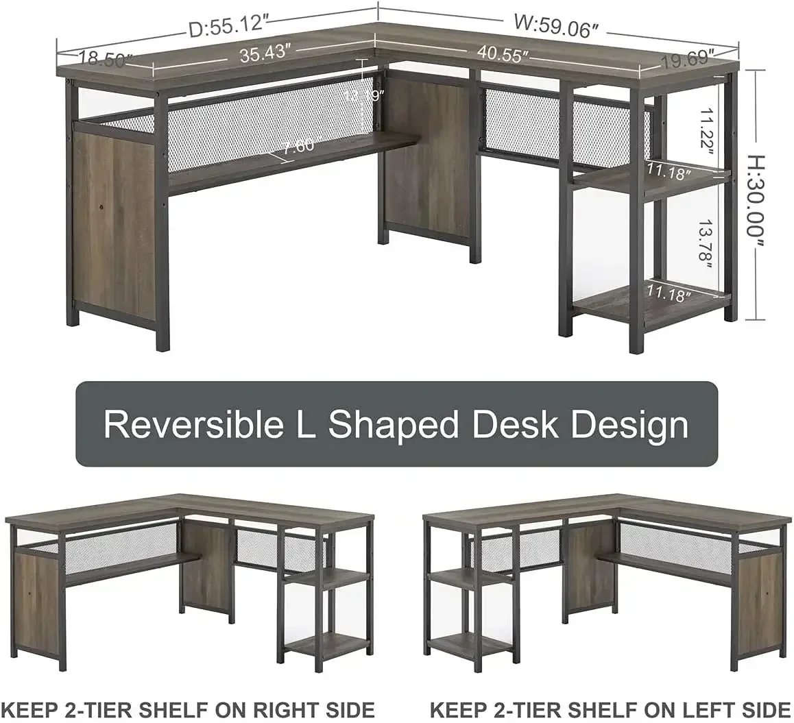 FATORRI L Shaped Computer Desk, Industrial Home Office Desk with Shelves, Reversible Wood and Metal Corner Desk (Walnut Brown, 5