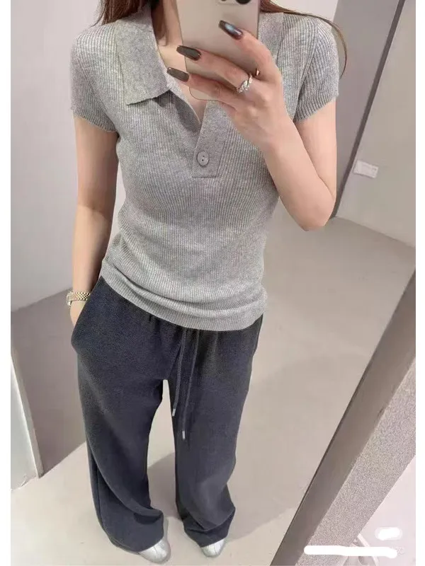 Gray Knitted Short Sleeve  Shirt Women's Summer Slim Fit Casual Style High Intelligence Sensation Turn-down Collar Top