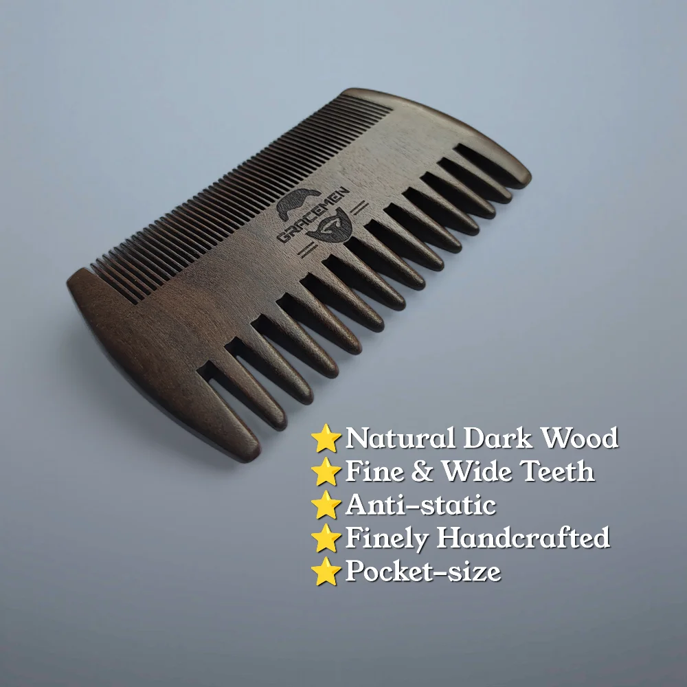 Gracemen 100% Black Wood Beard Hair Comb Double Sides Pocket Sized Anti-Static Wooden Comb with PU Sleeve Case