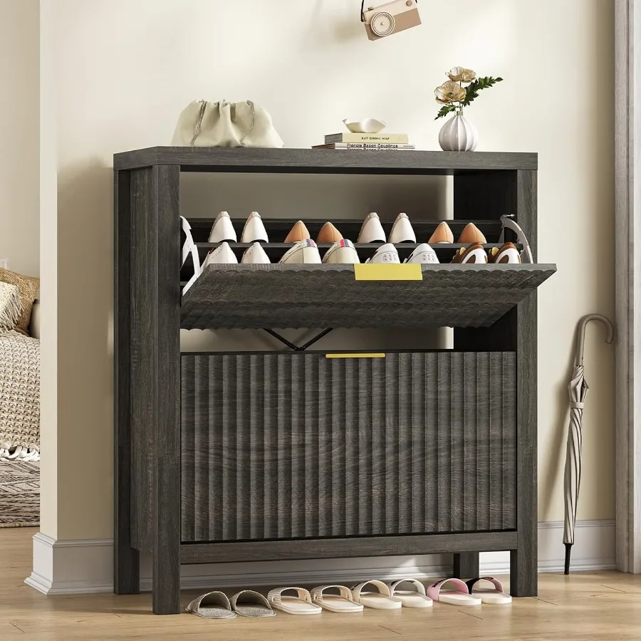 خزانة الأحذية لتخزين خزانة الأحذية المخفية للمدخل مع درجين قابلين للطي رف الأحذية المخفي طويل القامة منظم الأحذية قائم بذاته #1
