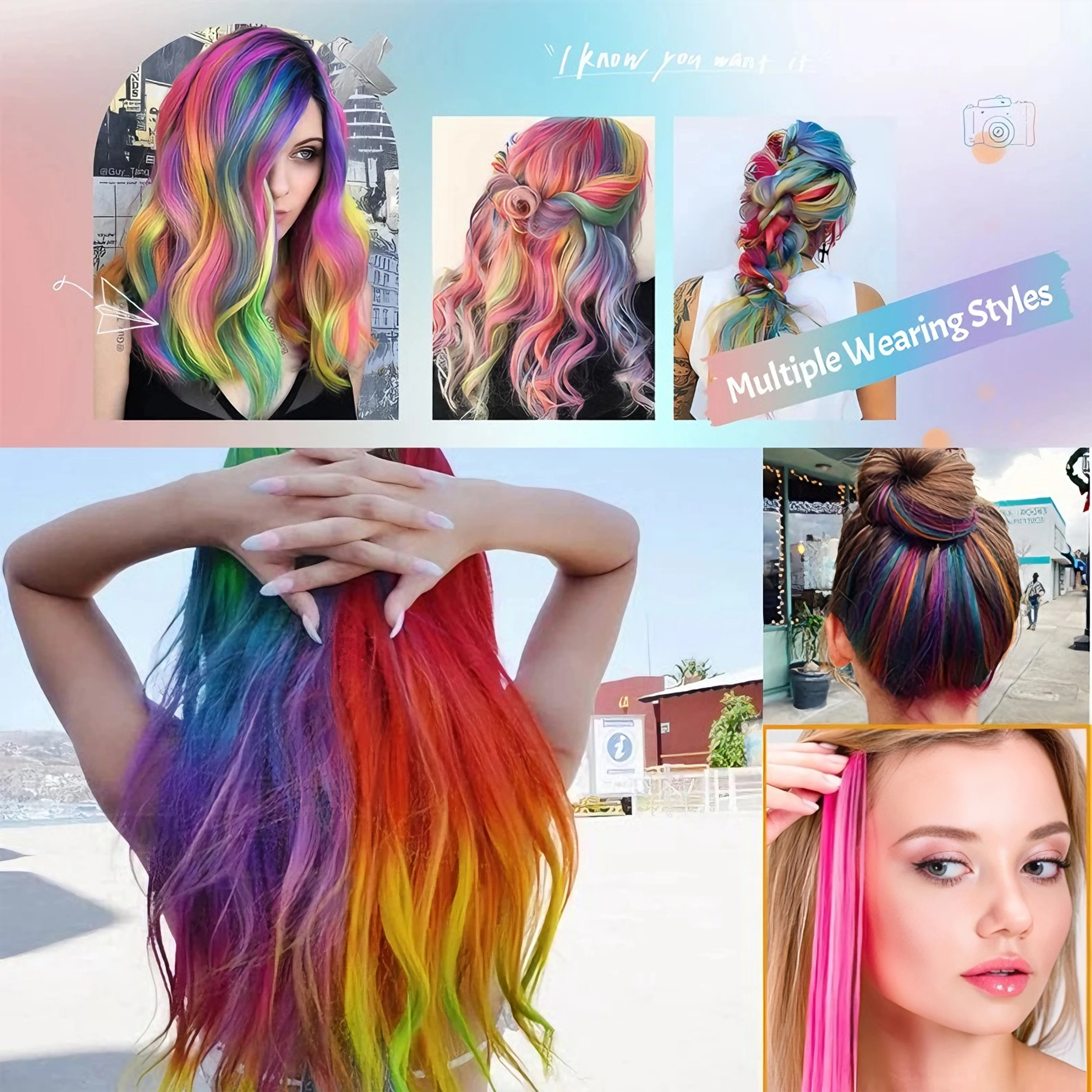 Wigundle sintético longo e reto extensão do cabelo arco-íris colorido peruca para mulheres e meninas uso diário do cabelo