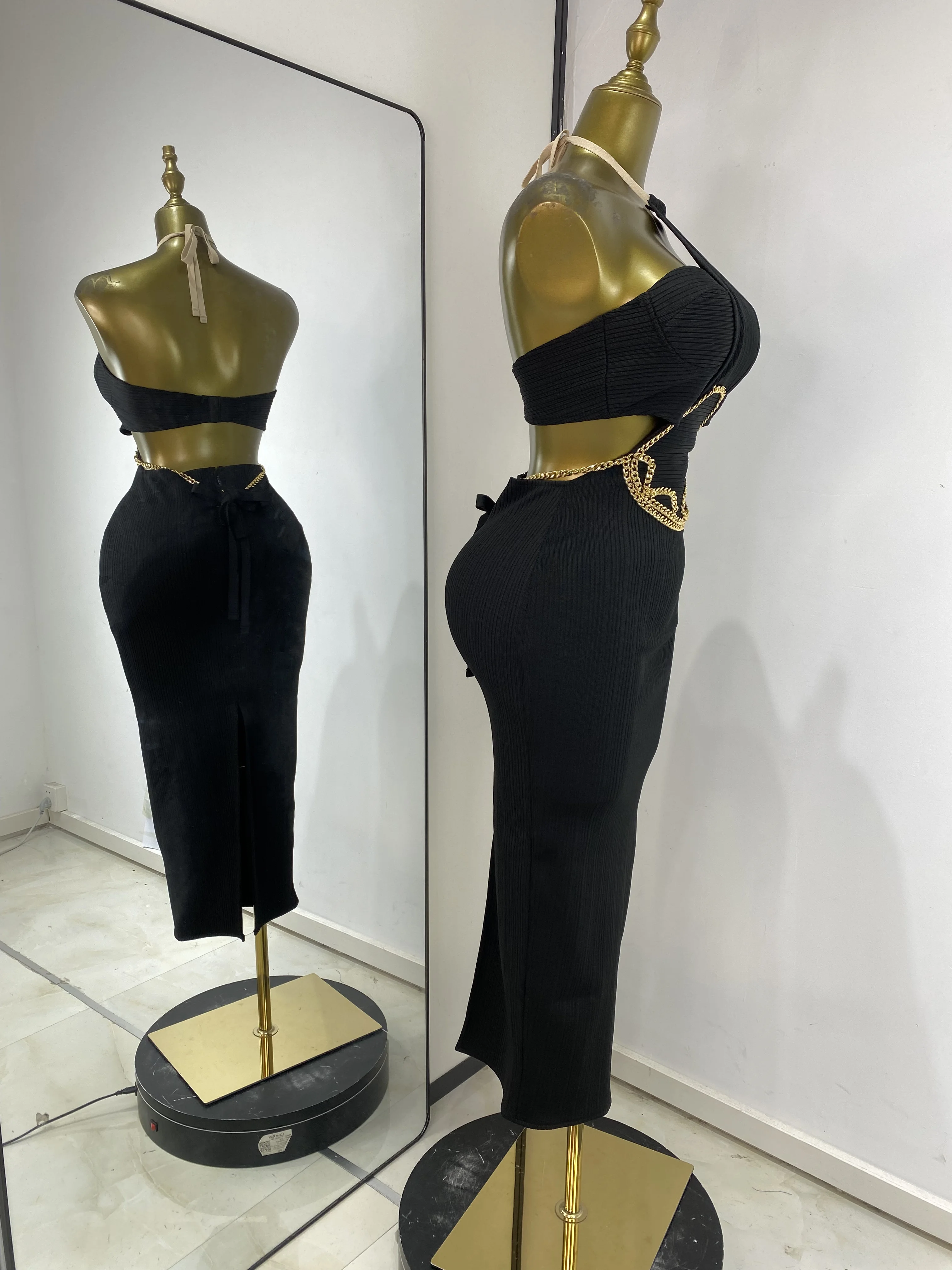 Feminino novo preto kib bandage vestido halter bustier corte corrente de ouro longo elástico malha celebridade noite clube vestidos de festa