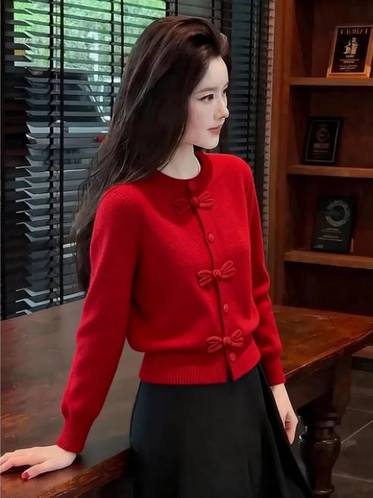 

Cisas Theme Red Knitted Sweater Women's Sle Small Size Beautiful Top Casual Faion Regular Fit Long Sve Warmth