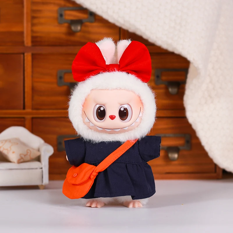 

17cm Plush Doll Clothes for Dress Up Labubu Rabbit Dolls Little Witch with Bow HairBand/Messenger Bag Baby Doll Toys Clothing