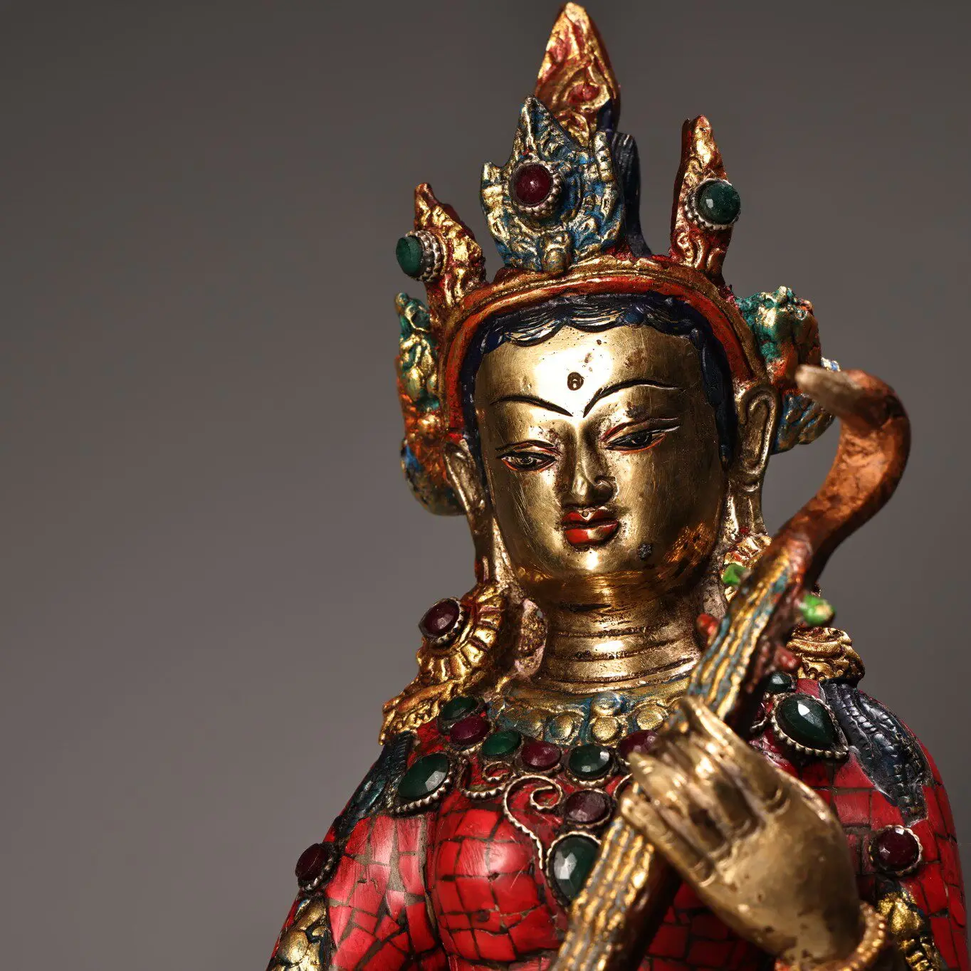 Copper Hand Painted Gem Inlaid Saraswati Buddha Figurine Heavy Patina Fine Craftsmanship