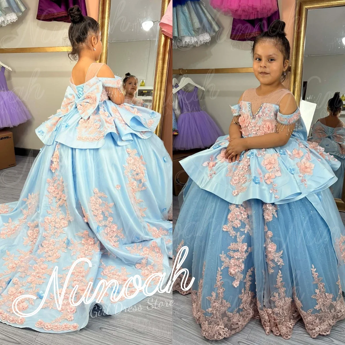 Blue Flower Girl Dresses for Wedding Lace Appliques Girl Birthday Party Gowns with Trail Bow First Communion Gowns Customized