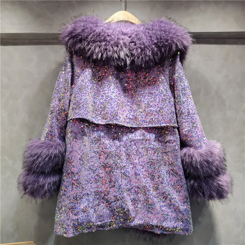 European Fashion Fur Lapel Imitation Fox Hair Sequins Jacket Women\'s Winter Clothing New Temperament Purple Overcoat Coats