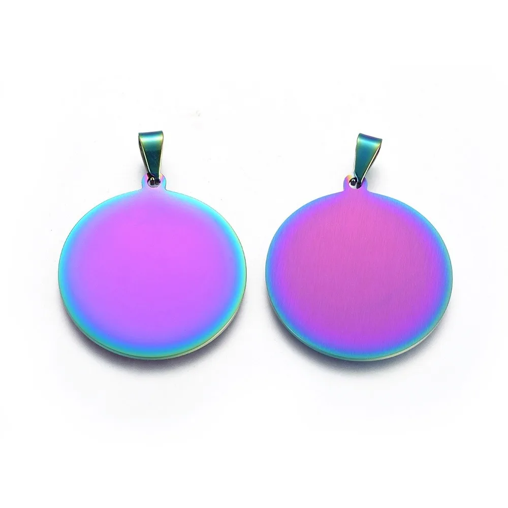 2pcs Ion Plating(IP) 304 Stainless Steel Pendants Flat Round Stamping Blank Tag Rainbow color 32x30x1mm Hole: 3x7mm