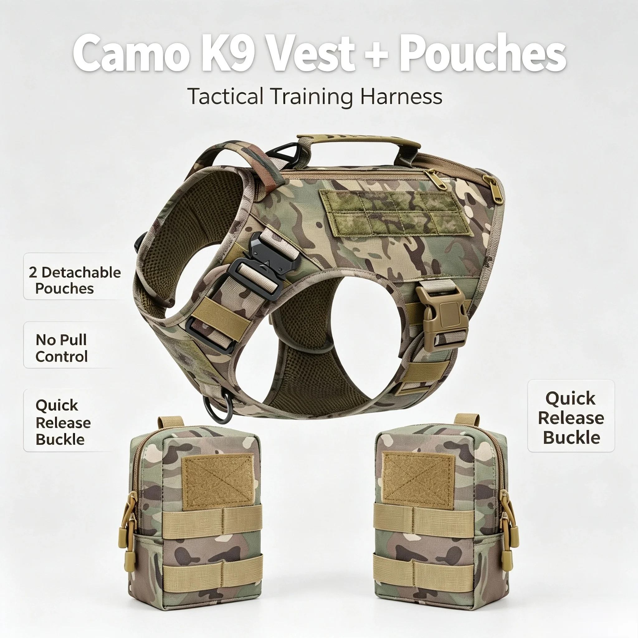 Tactical Military Dog Harness With 2 Detachable Pouches No Pull Training Vest For Medium Large XL Dogs Outdoor Walking Hunting