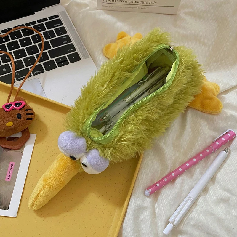 Kawaii Green Bird Plush Pouch Pencil Case Zipper Fluffy Large Capacity Kiwi Pencil Bag School Stationery Storage Bag Supplies