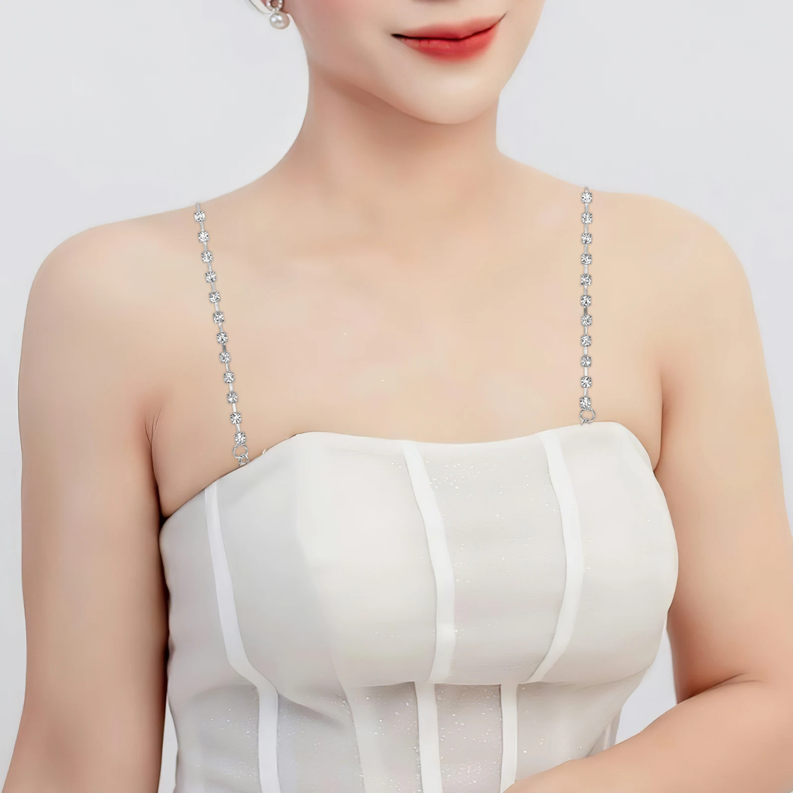

Pair Rhinestone Bra Shoulder Straps Adjustable Length Hard Metal Hook Chain Multiway Underwear Strap Single Row Bra Strap
