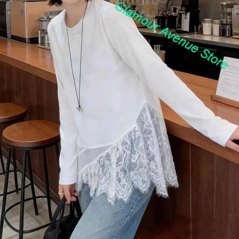 Korean plus size stitching slim Joker bottoming shirt T-shirt women's spring and autumn new fashion loose oblique hem lace shirt