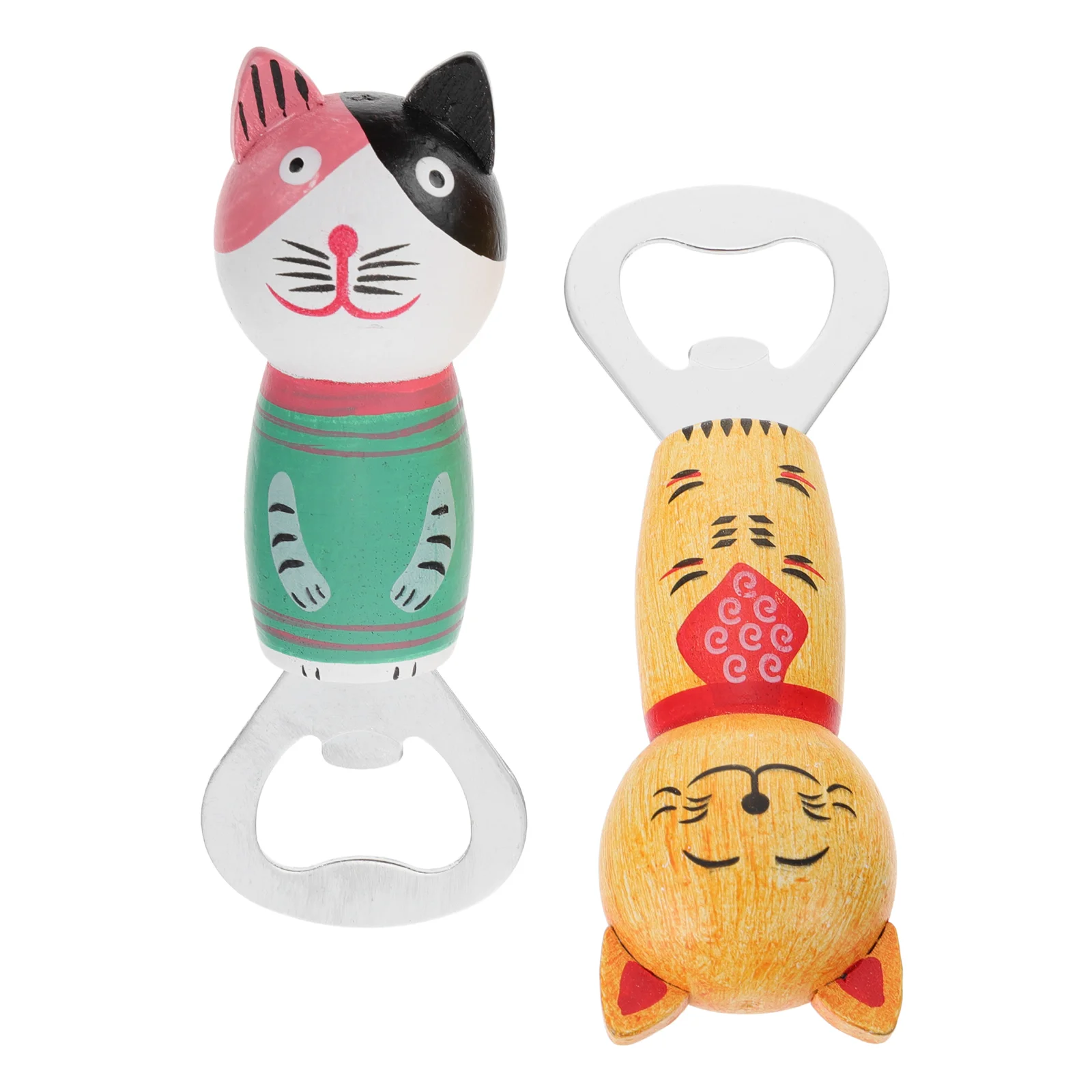 2 Pcs Cartoon Wooden Cat Bottle Opener Magnets Beer Ring Refrigerator Decor Fridge Sticker Wall Mounted