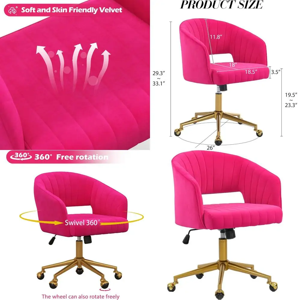 

Вращающееся офисное кресло из вельвета с золотым основанием, эргономичное, для учебы или гостиной (ярко-розовый)