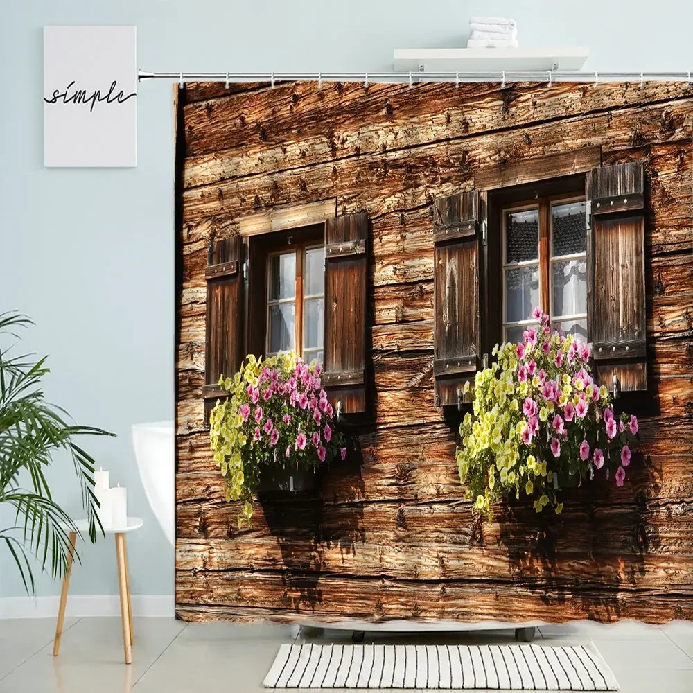 European Town Window View Shower Curtain Green Plants Flowers Vines Vintage Old Wooden House Wall Door Bathroom With Hook Screen