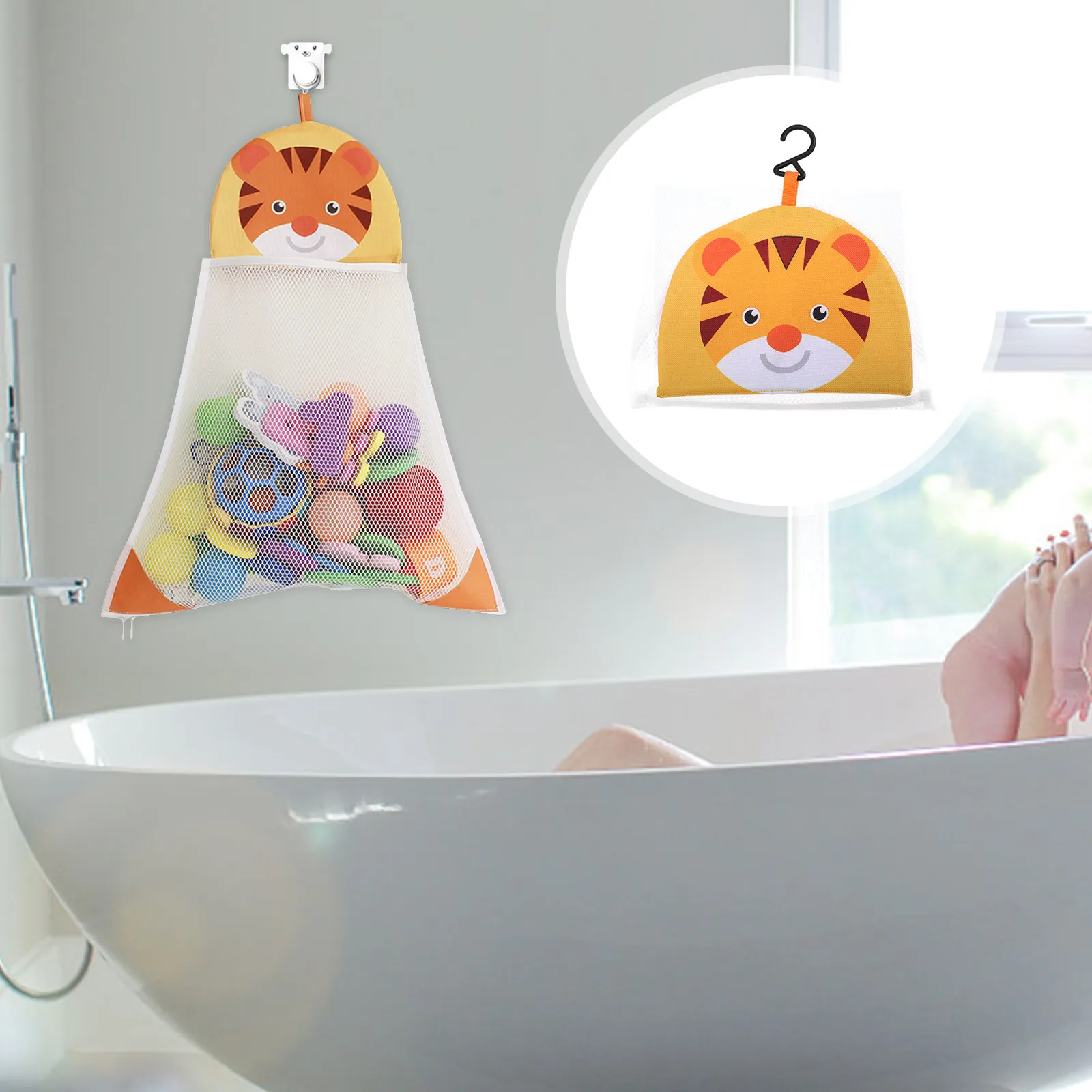 

Baby Bath Mesh Bag Organizer Large Pocket Zipper Bottom Bathtub Holder Kids Toddler Bathroom Storage Cartoon Bath Toy Bag