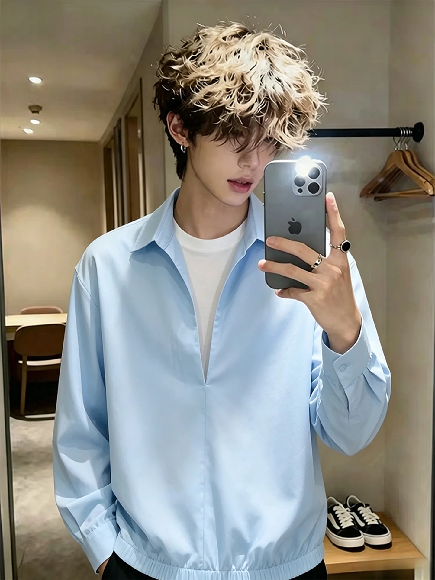 Black Long Sleeve V-Neck Pullover Shirt Men's Early Autumn Cleanfit Thin Shirt Jacket Loose Fit Casual Style Polyester Fiber