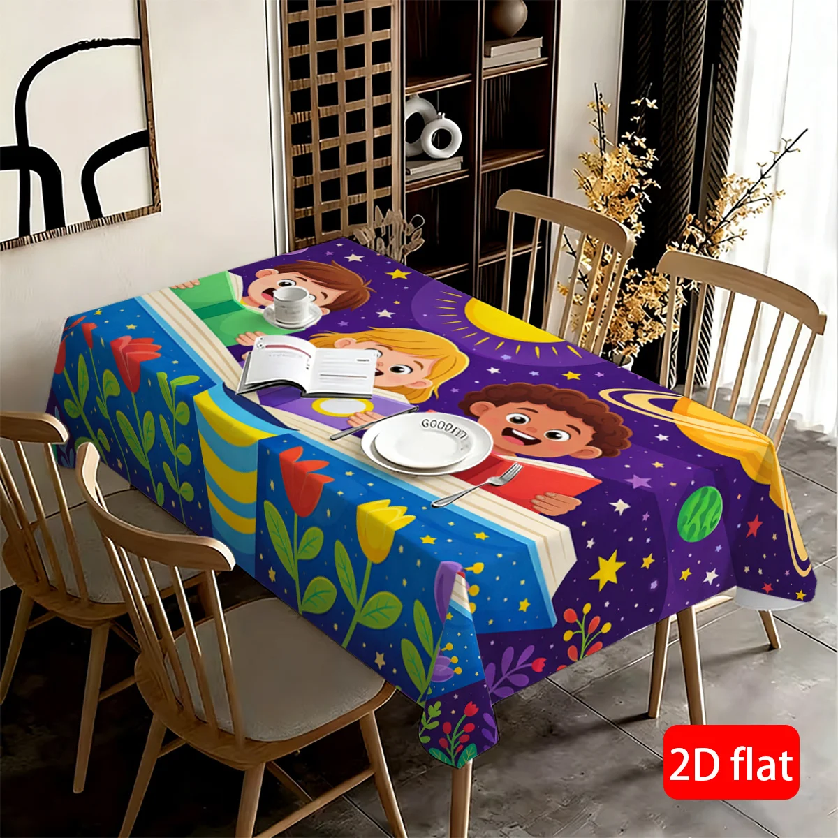 Kids Cartoon Book Theme Waterproof Tablecloth for Playroom Nursery Decor Cute Learning Mat