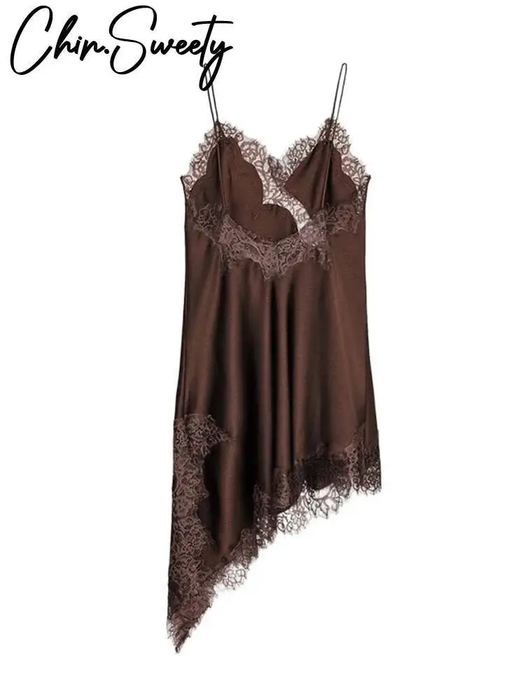 Vintage Brown Lace Patchwork Women Dress Sexy Sleeveless Backless Female Dresses 2025 Summer Autumn Party Lady Robe New