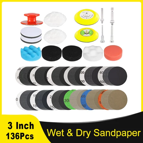 Imagen 1 del producto Kit de restauración de faros, 136 Uds., 3 pulgadas, 75MM, seco y húmedo con almohadillas de pulido de gancho y bucle para pulido de coche, esmalte de resina de vidrio y Metal