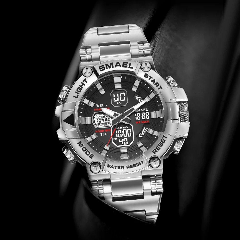 SMAEL Dual Display Sport Digital Mens Watches Top Luxury Quartz Wristwatch For Men All Steel Military Waterproof Clock Male