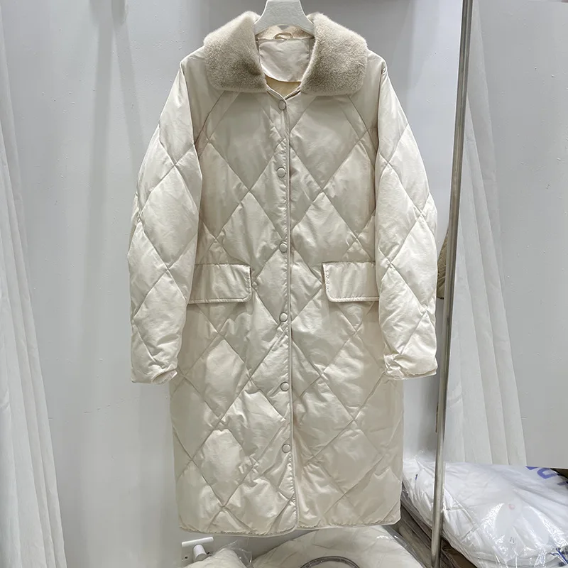 

Winter New Plush Collar Long Style Down Coat For Women Korean Version Women's Single Breasted White Duck Down Jacket