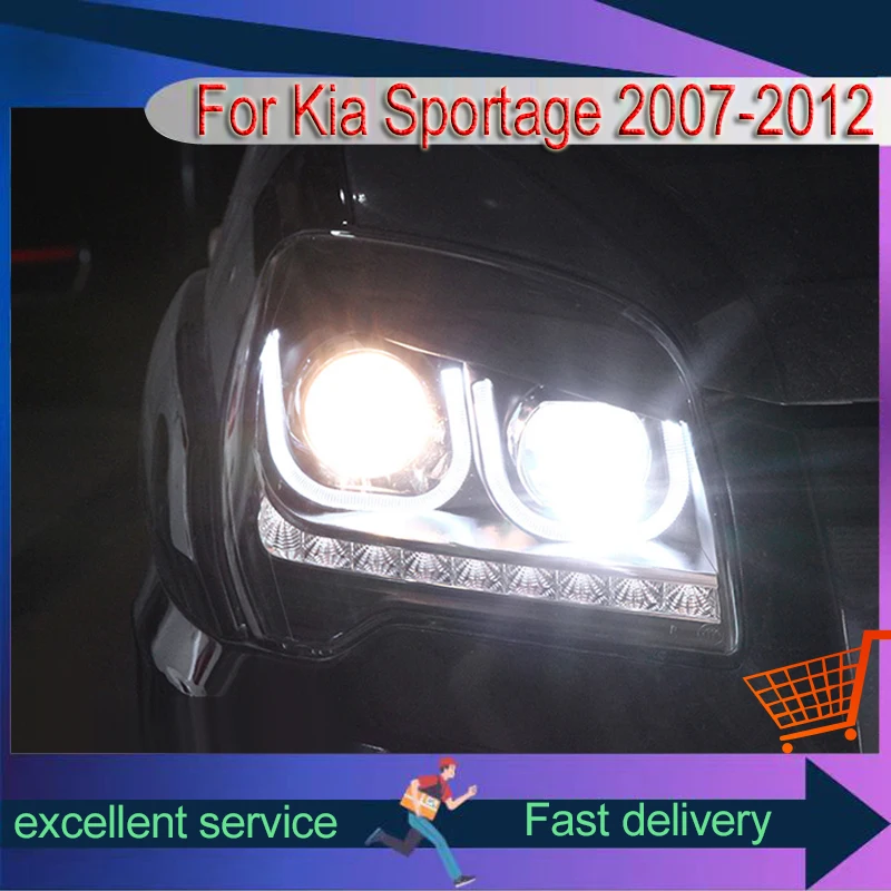 Car Styling for Kia Sportage 2007-2012 Head Light Modified LED Double Colors Projector Lens Xenon Front Lamp Automatic Accessory