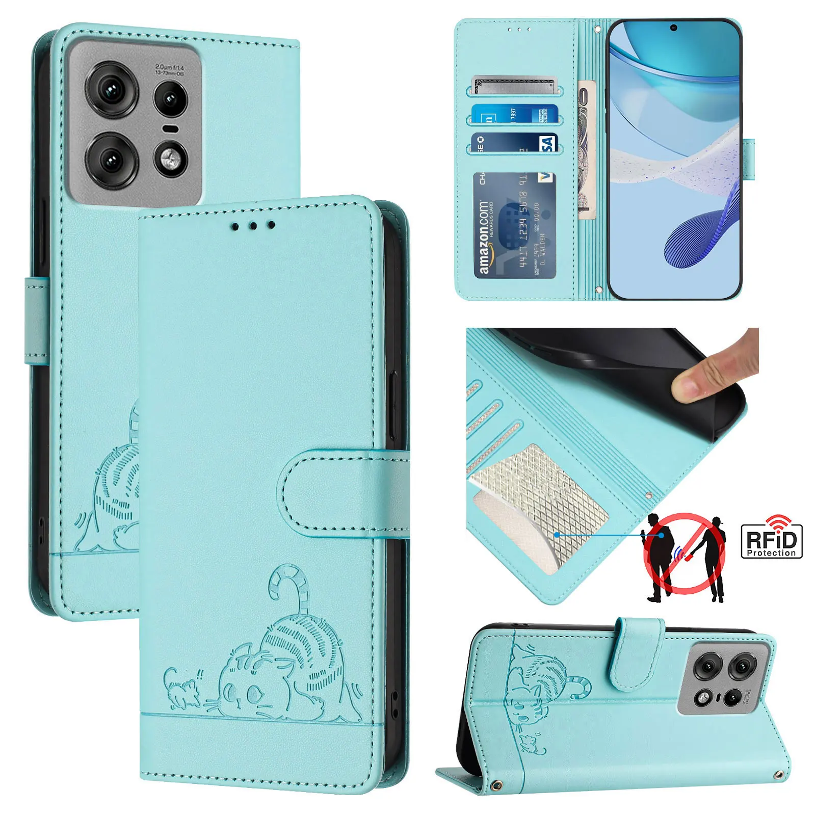 2024 Чехол для Emboss Cat Cute Wallet Leather Cards Solt Flip Case For Moto G85 G34 G04 G24 G84 G54 G73 G53 G72 G62 G82 Edge 50