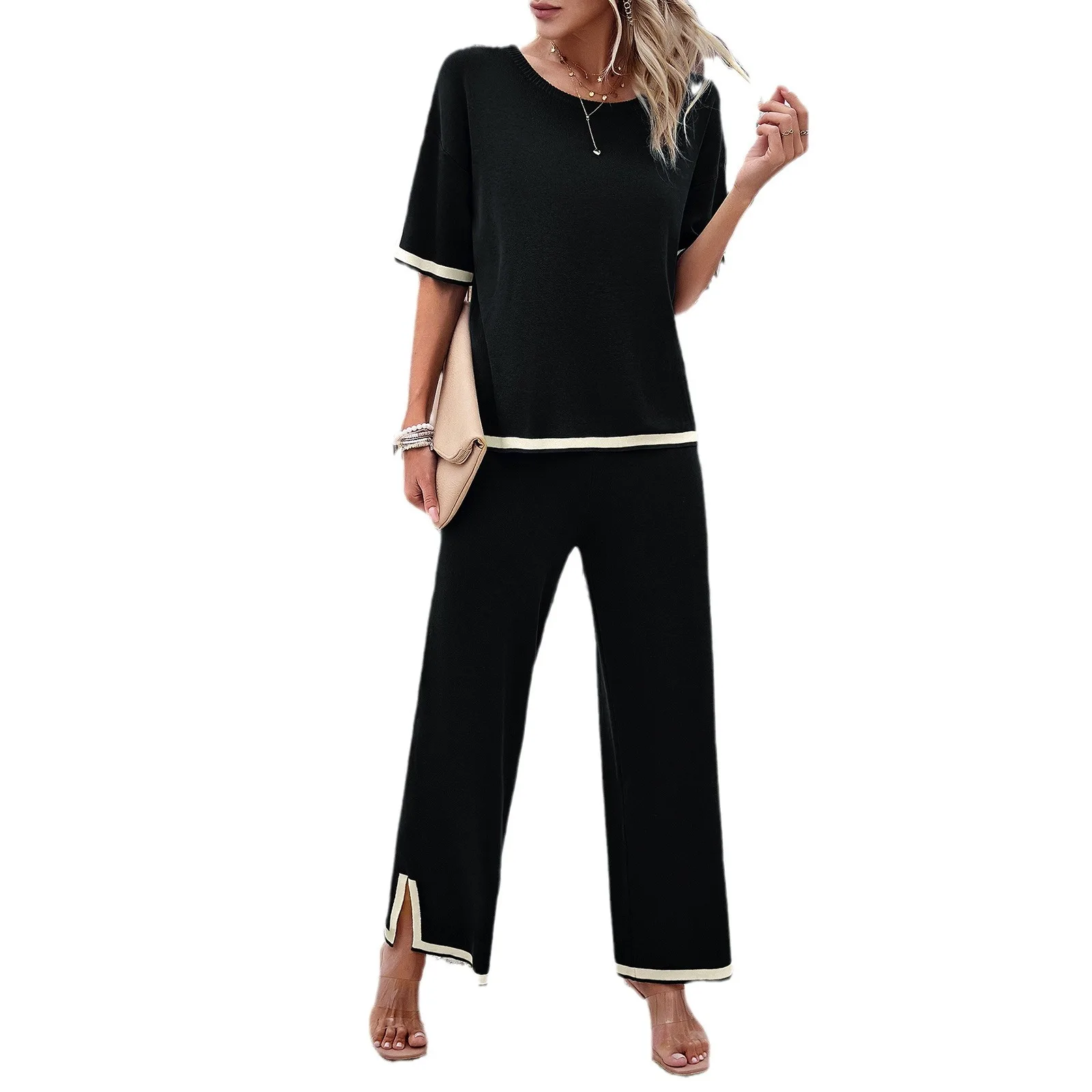 Fashion Women\'s Clothing 2024 Spring and Summer Casual Short-Sleeved Wide-Leg Pants Knitted Suit Костюм Женский